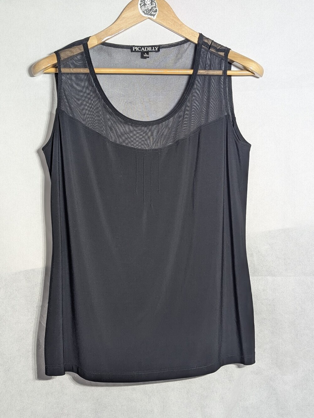 Picadilly Canada Black Mesh Illusion Neckline Pintuck Tank Top Blouse Size L